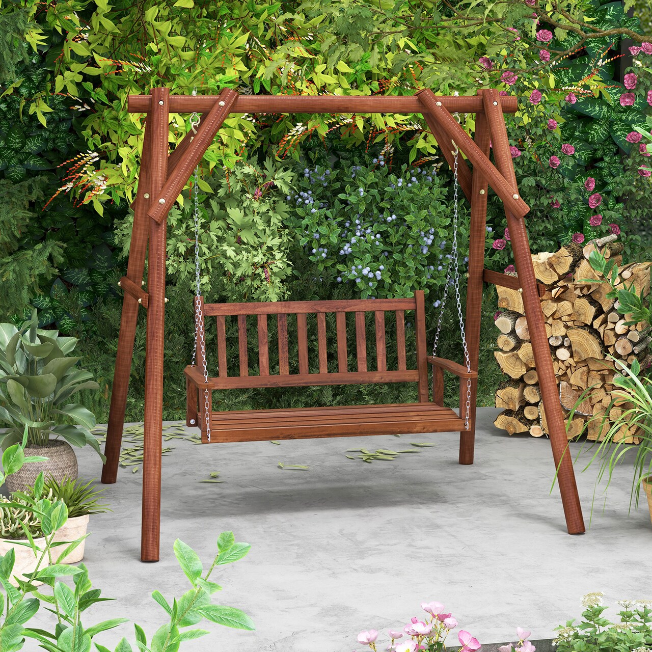 2-Person Wooden Outdoor Porch Swing with Rust-proof Metal Chain